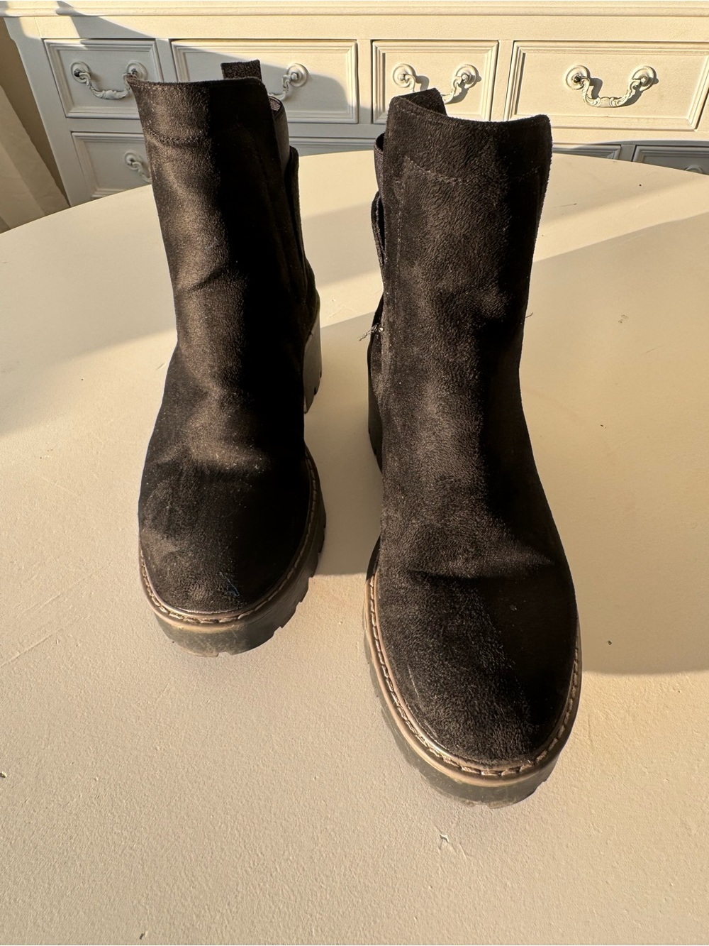 Women's Black Suede Chunky Sole Ankle Booties